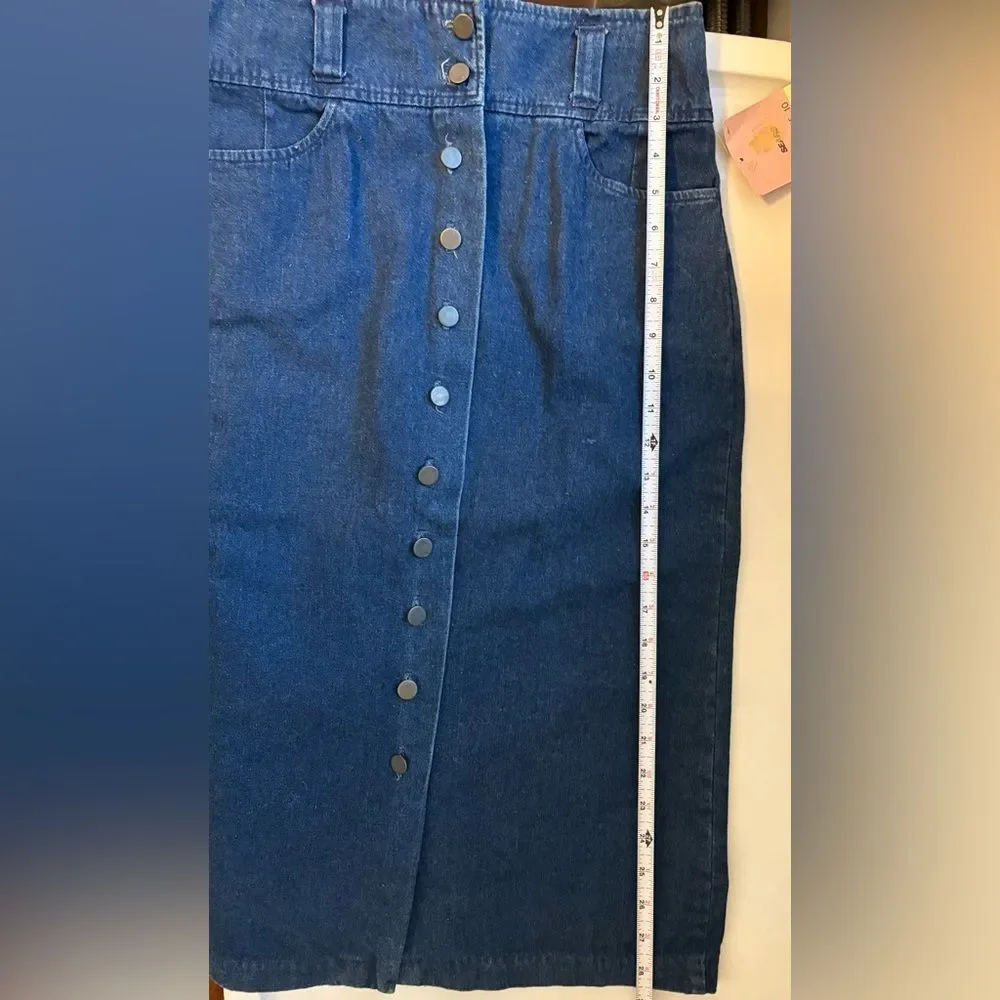 Vintage 70s Denim Button Front Skirt | High Waisted Midi Jean Skirt | Misses Spo